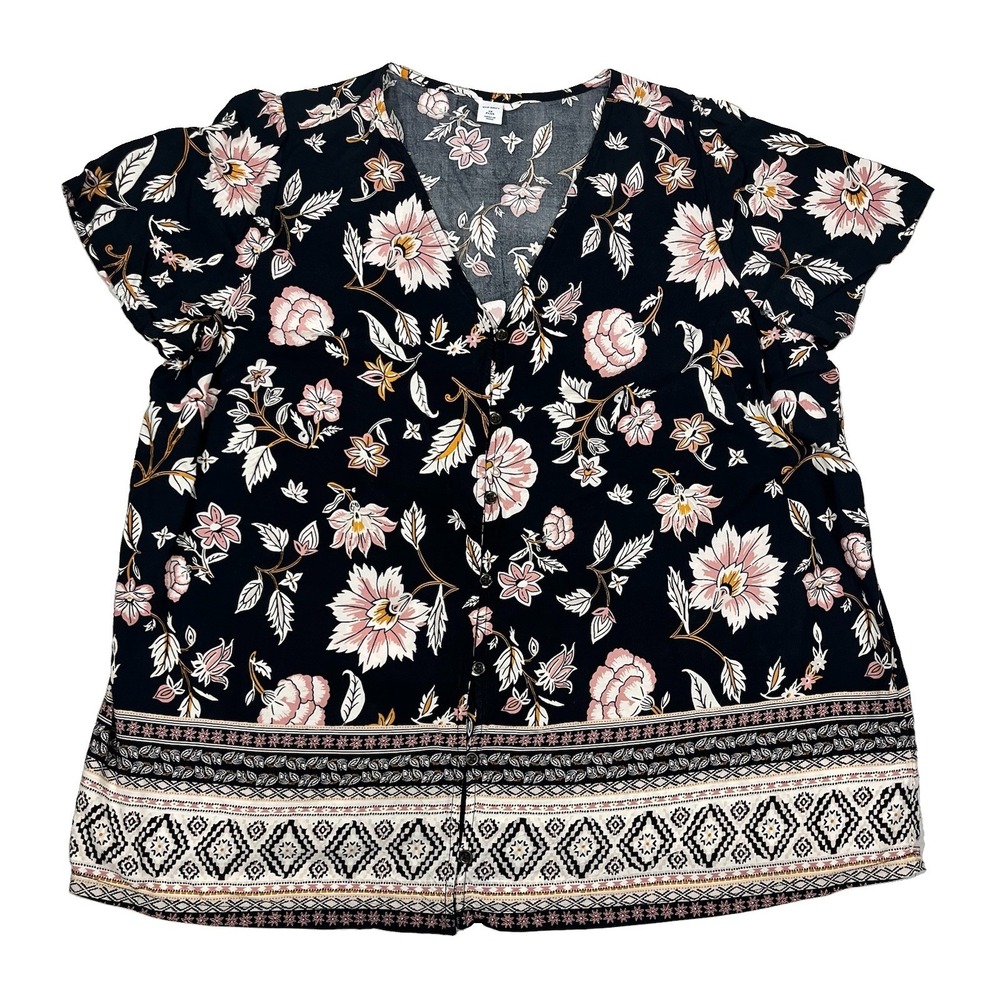 Old Navy 1X Plus Black Floral V Neck Button Front Border Print Rayon Blouse Boho